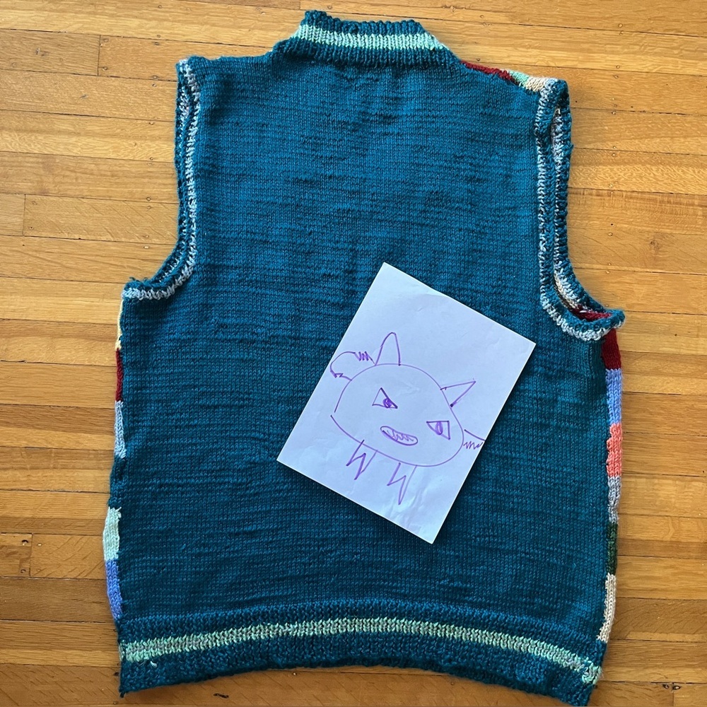 Handknit handmade colorful patchwork sweater vest eclectic grandpa plaid L XL M - Picture 11 of 11